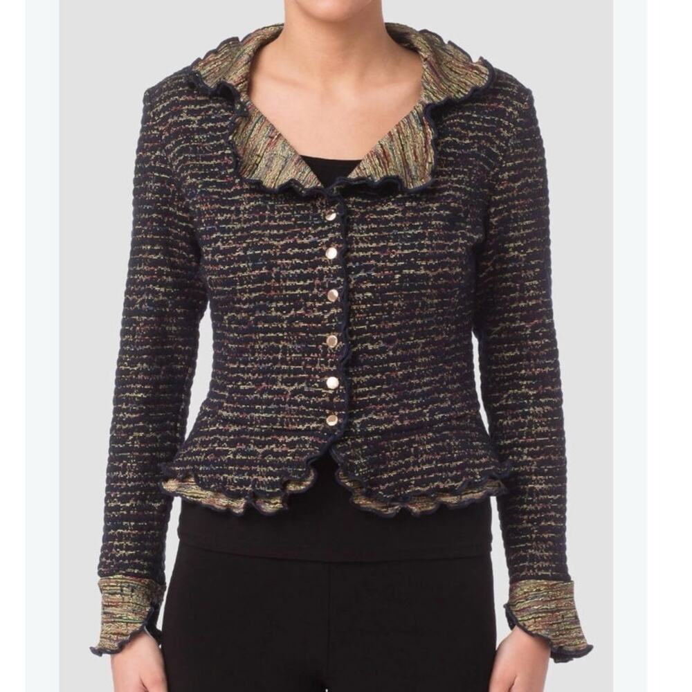 Joseph Ribkoff Jacquard Knit Ruffle Lapel Multicolor Blazer Snap Jacket Size 8